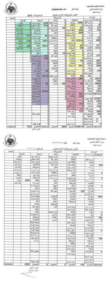 التقرير المالي لشهر 11/2012