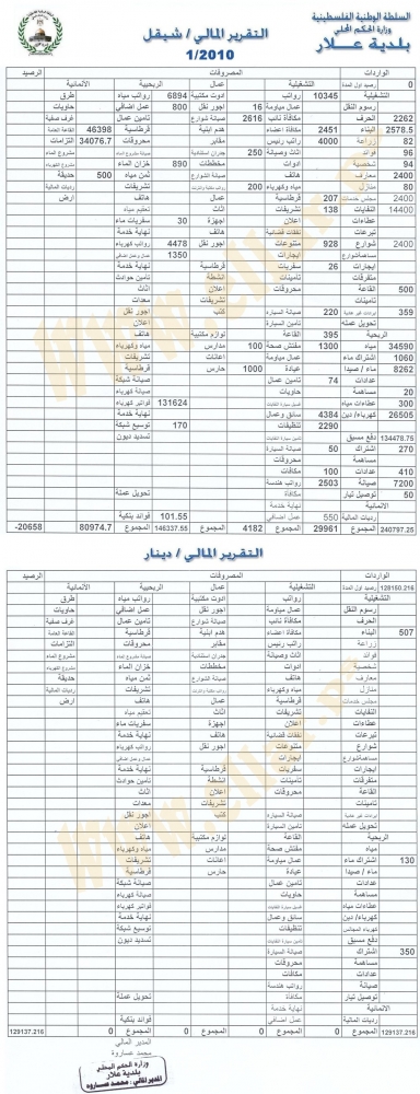 التقرير المالي لشهر 01 / 2010 قائمة الأداء